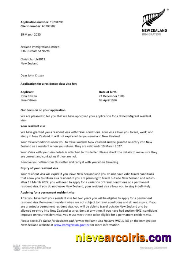 New Zealand visa approval letter
